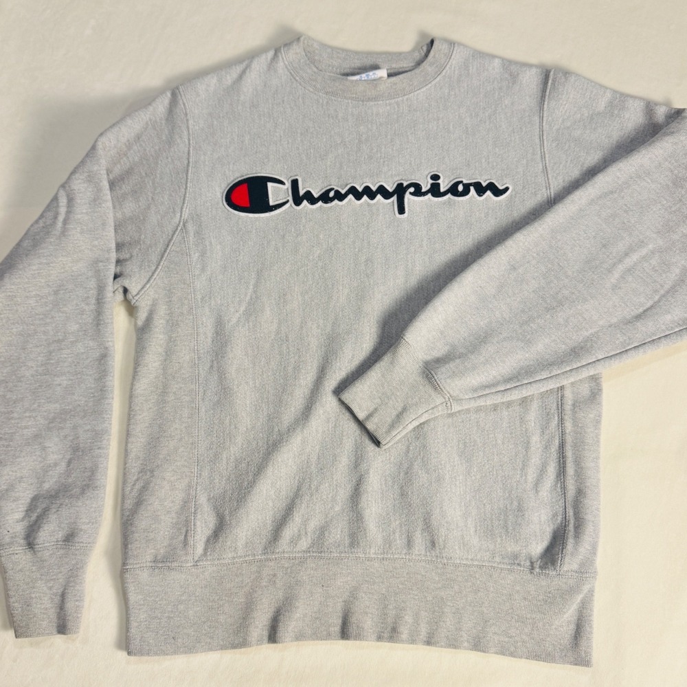 Champion Reverse Weave Gray Chenille Logo Sweatshirt Small S P Pullover